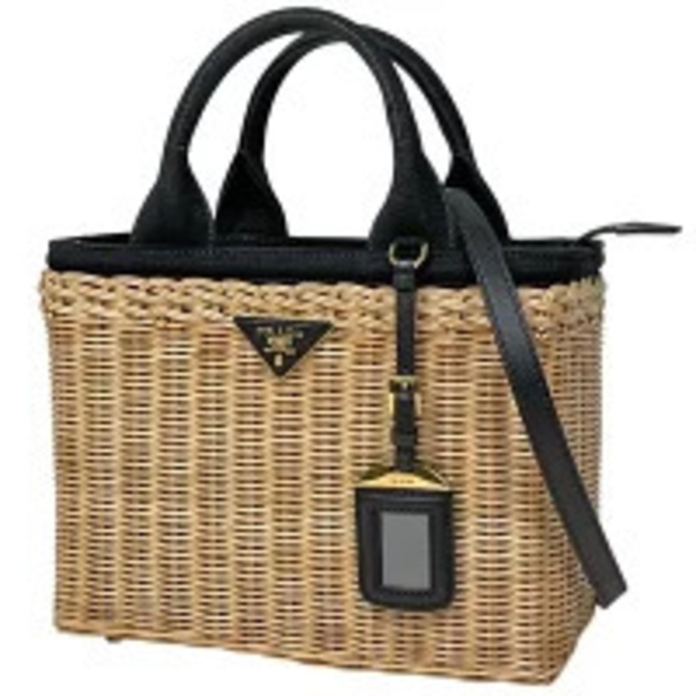 Prada Plate Handbag Basket Bag Shoulder Canvas Beige Black